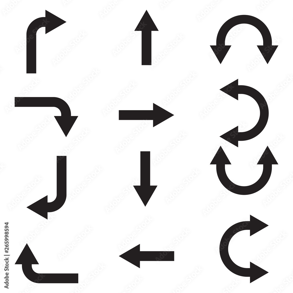 Arrow icons. Arrows set up pointer right curve down direction left cursor button label next page web interface, flat vector navigation symbol Arrow icons. Arrows set up pointer right curve down direction left cursor button label next page web interface, flat vector navigation symbol