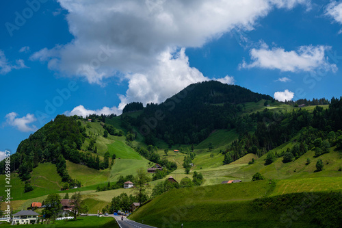 Little mountain village in the Swiss Alps. Sunny summer morning beautiful outdoor scene in Swiss Alps. Switzerland  Europe.