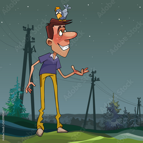cartoon tall as a pillar boy rejoices in a bird sitting on his head