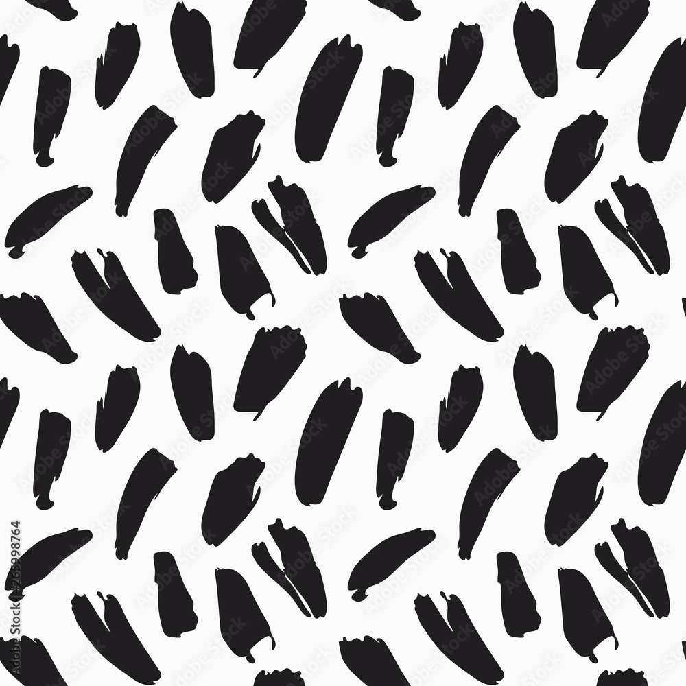 Stylish seamless vector pattern with short grungy brush stroke lines in black and white. Creative monochrome texture for print, textile, packaging, wrapping, web. Isolated repetitive flat tile design.