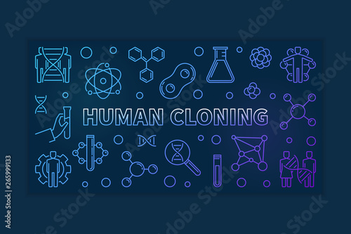 Human cloning colorful thin line horizontal illustration on dark background. Vector science banner