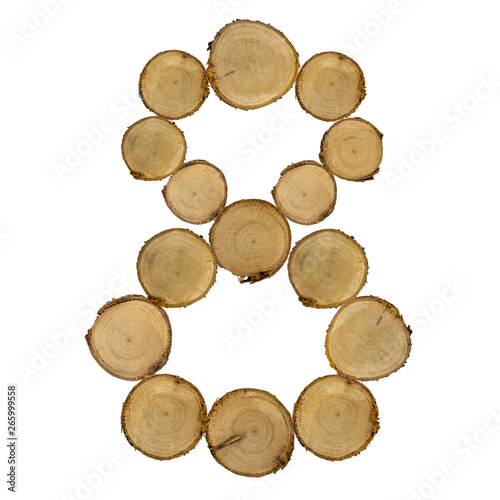 font of number 8 wooden stumps, white background isolated