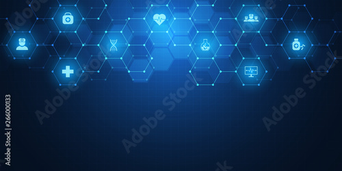 Abstract medical background with flat icons and symbols. Concepts and ideas for healthcare technology, innovation medicine, health, science and research.