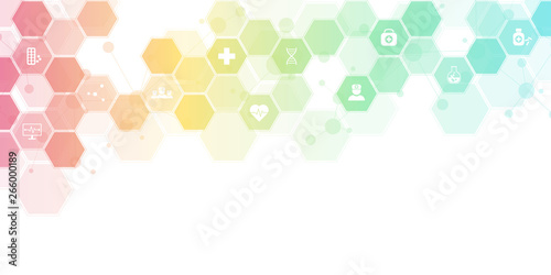 Abstract medical background with flat icons and symbols. Concepts and ideas for healthcare technology, innovation medicine, health, science and research.
