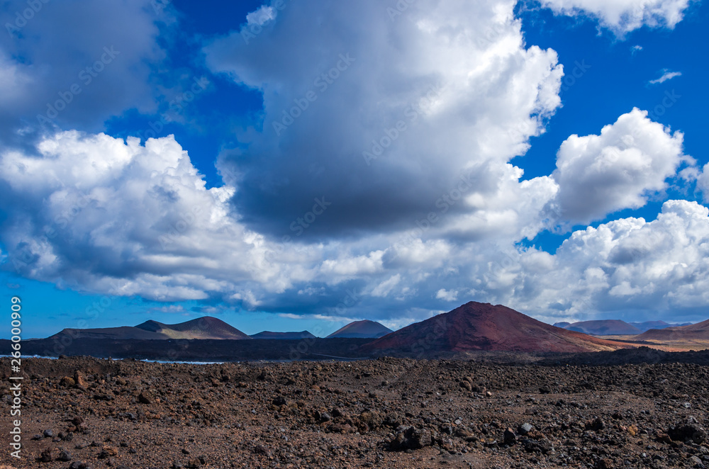 Landscape of volcanoes and solidified lava in Timanfaya national park