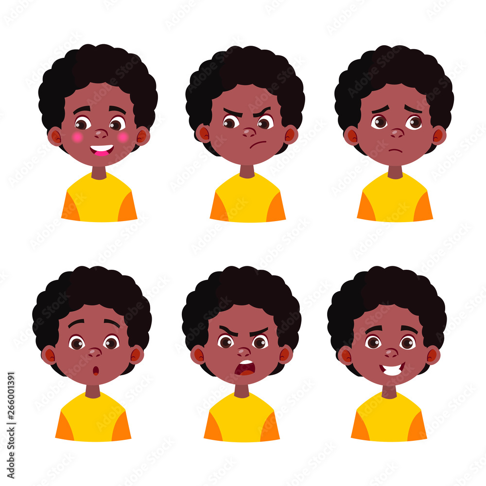 Cartoon illustration of african-american boy. Set of black kid`s emotions. Facial expression. Cartoon boy avatar. Vector illustration of cartoon child character Cartoon illustration of african-american boy. Set of black kid`s emotions. Facial expression. Cartoon boy avatar. Vector illustration of cartoon child character
