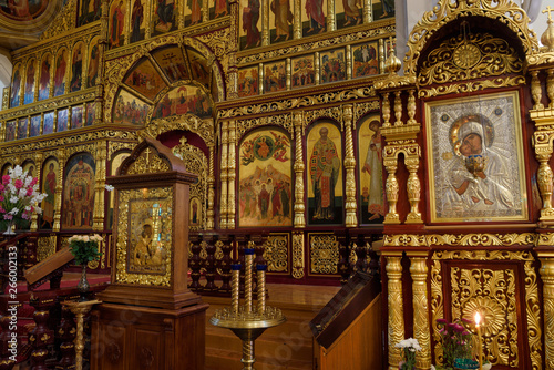 Icons of Mary with Christ child in nave of Ascension Cathedral Russian Orthodox church in Almaty Kazakhstan