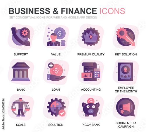 Modern Set Business and Finance Gradient Flat Icons for Website and Mobile Apps. Contains such Icons as Analysis, Money, Accounting, Strategy, Bank. Conceptual color flat icon. Vector pictogram pack.