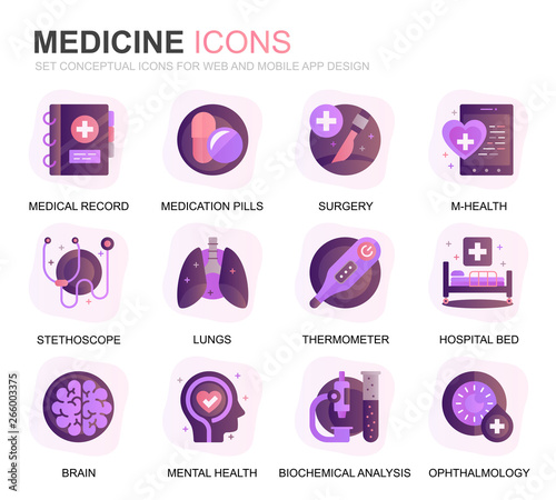 Modern Set Healthcare and Medicine Gradient Flat Icons for Website and Mobile Apps. Contains such Icons as Doctor, Hospital, Medical Equipment. Conceptual color flat icon. Vector pictogram pack.