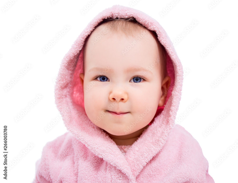 close up portrait of cute baby girl in pink bathrobe isolated on white close up portrait of cute baby girl in pink bathrobe isolated on white