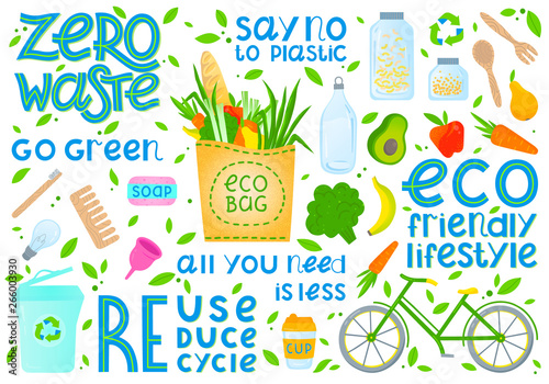 Zero waste collection.Vector illustration with hand drawn lettering,eco grocery bag,vegetables,fruits,bicycle,glass jars,wooden cutlery,comb,toothbrush,menstrual cup,thermo mug.Zero waste principals.