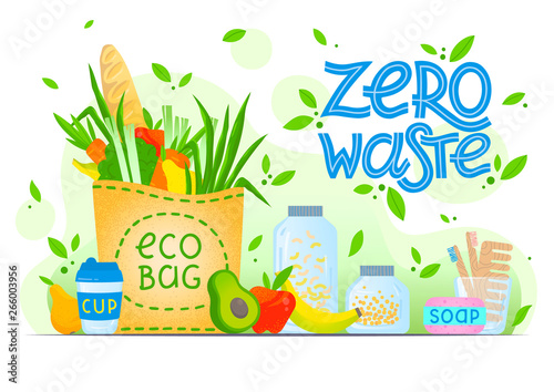 Zero waste concept.Vector illustration with hand drawn lettering,eco grocery bag,vegetables,fruits,kitchen jars,soap,comb and toothbrush,thermo mug.Live green, go to zero waste.Zero waste principals.