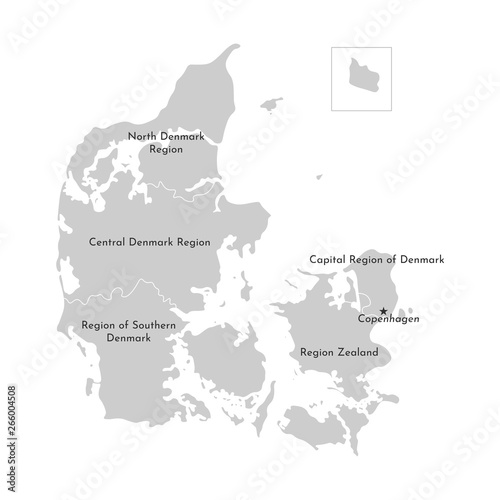 Vector isolated illustration of simplified administrative map of Denmark. Grey silhouettes, white outline