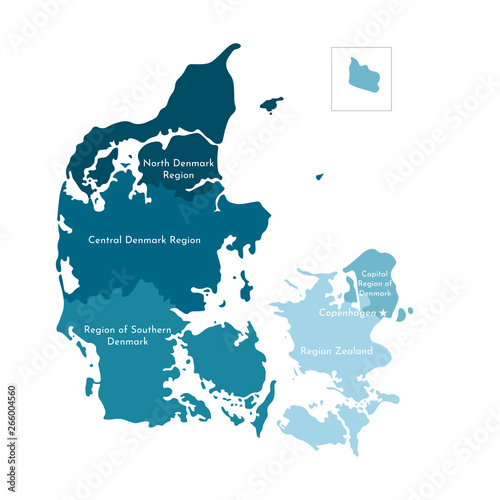 Vector isolated illustration of simplified administrative map of Denmark. Borders and names of the regions.