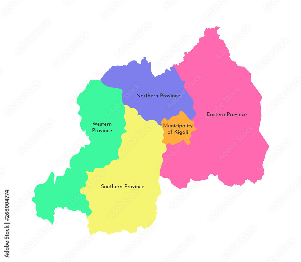 Vector isolated illustration of simplified administrative map of Rwanda. Multi colored silhouettes