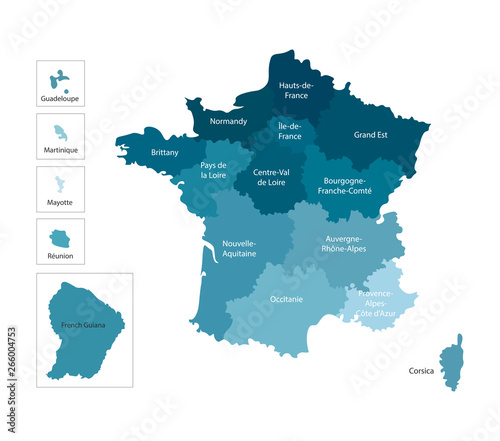 Vector isolated illustration of simplified administrative map of France. Borders and names. Colorful blue silhouettes