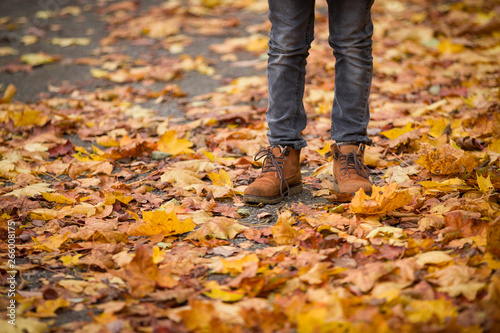 Kid boy legs in orange shoes on bright autumn leaves background. The child walks in the city park. Maple leaves of different colors, yellow, red, orange. Lifestyle concept