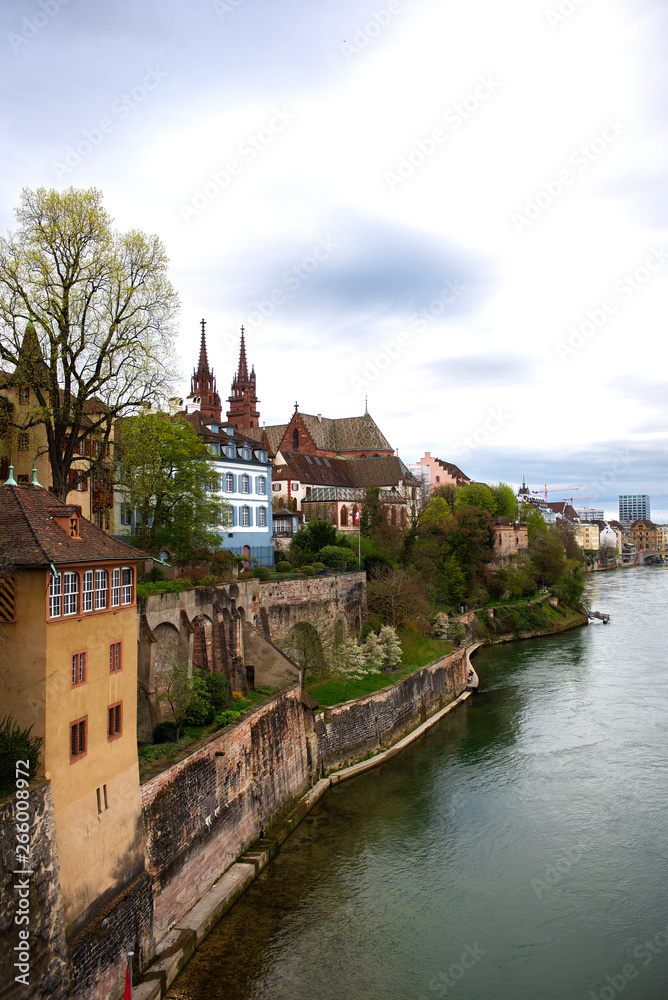 Basel, Switzerland. Rhine River and Munster Cathedral, Swiss Confederation medieval city