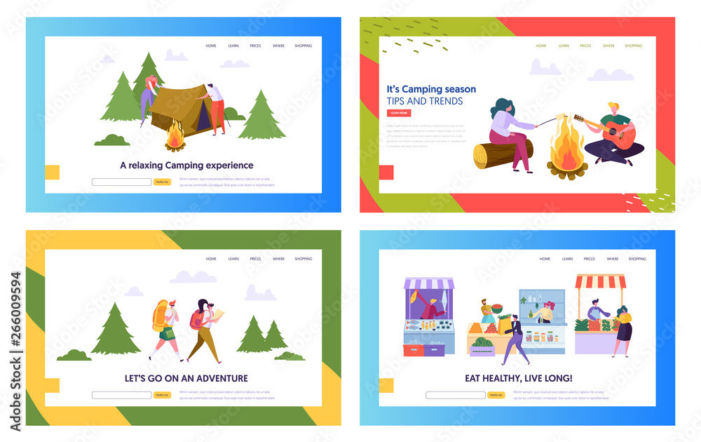 Healthy Food and Camping People Website Landing Page Templates Set. Male and Female Characters Hiking with Tent, Summer Activity, Buying Eco Products Web Page. Cartoon Flat Vector Illustration, Banner Healthy Food and Camping People Website Landing Page Templates Set. Male and Female Characters Hiking with Tent, Summer Activity, Buying Eco Products Web Page. Cartoon Flat Vector Illustration, Banner