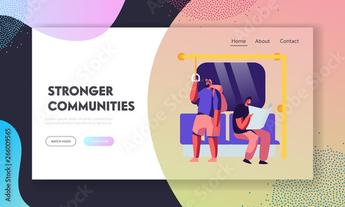 People or City Dwellers in Metro Website Landing Page. Men and Women Passengers in Public Transport. Subway, Tube or Underground Train Rapid Transit Web Page. Cartoon Flat Vector Illustration, Banner