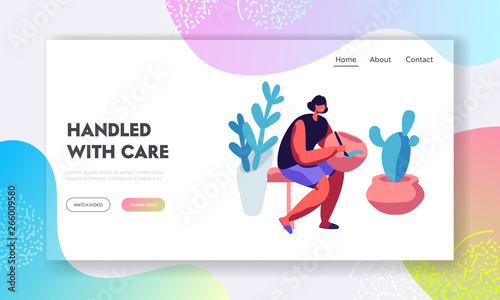Handcrafted Pottery Master Class Website Landing Page. Woman Painting Pot, Earthenware, Crockery. Girl Artist Decorating Ceramics at Pottery Workshop Web Page. Cartoon Flat Vector Illustration, Banner