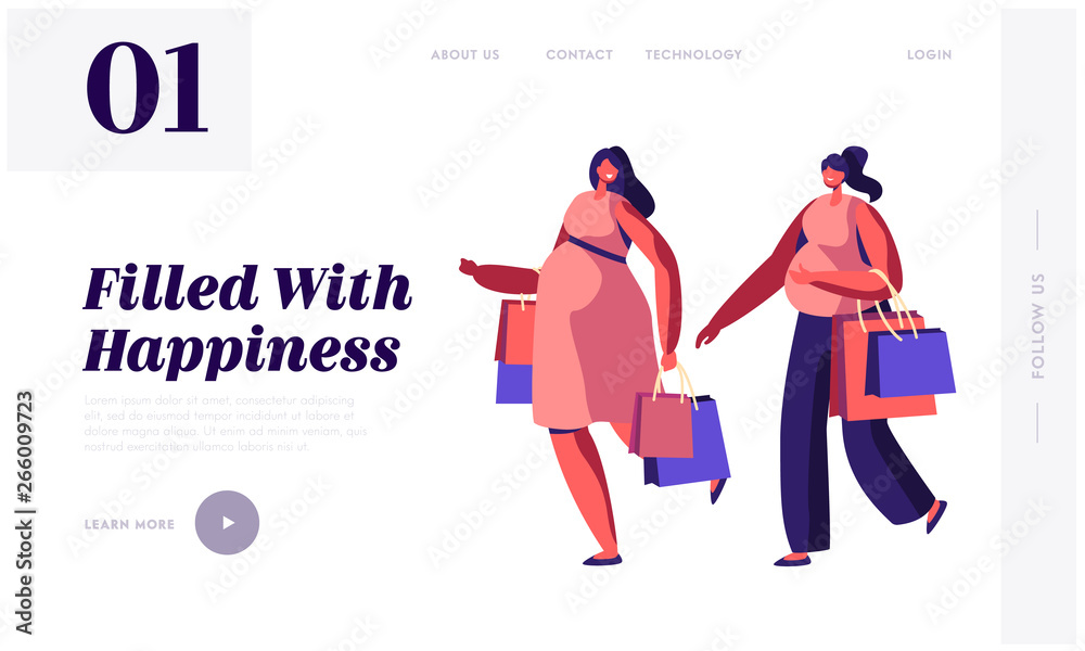 Couple of Young Pregnant Women Going Shopping Website Landing Page. Girls Expecting Babies Leisure, Spare Time, Meeting Friends. Happy Pregnancy Web Page. Cartoon Flat Vector Illustration, Banner