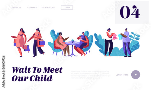 Pregnant Women Spend Time Together Going Shopping, Visiting Cafe, Buying Clothing for Baby, Meeting Friends. Happy Pregnancy. Website Landing Page, Web Page. Cartoon Flat Vector Illustration, Banner