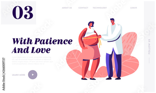 Pregnant Woman at Doctor Appointment in Clinic Website Landing Page, Male Doctor Character Measuring Belly with Tape Line. Pregnancy Medical Check Up Web Page. Cartoon Flat Vector Illustration, Banner