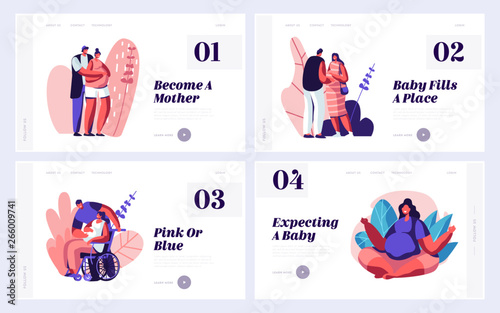 Happy Couples Waiting Baby Website Landing Page Templates Set. Healthy and Disabled Pregnant Women with Husbands. Maternity, Loving Family, Pregnancy Web Page. Cartoon Flat Vector Illustration, Banner