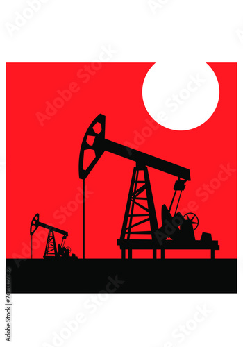 Oil pump on a background of red sky. vector drawing for illustrations