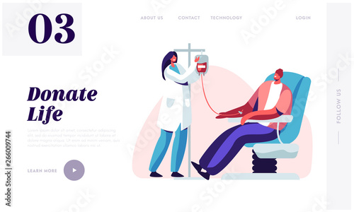 Blood Donation Website Landing Page. Male Character Donate Blood for Diseased People, Female Nurse Taking Lifeblood into Plastic Container. Donor Web Page. Cartoon Flat Vector Illustration, Banner