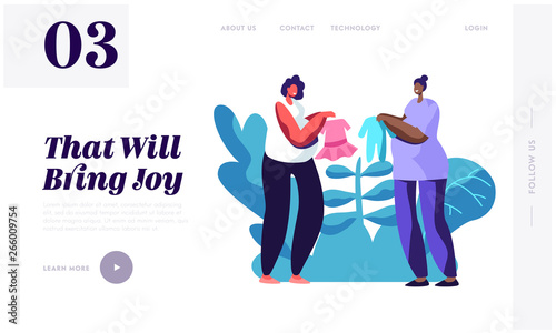 Young Pregnant Women Demonstrate Baby Clothing to Each Other. Happy Female Characters Expecting Child. Pregnancy, Maternity Website Landing Page, Web Page. Cartoon Flat Vector Illustration, Banner