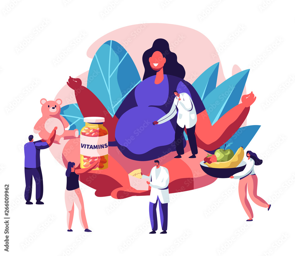 Huge Pregnant Woman with Big Belly Sitting in Lotus Pose Surrounded with  Doctors Giving her Vitamines, Baby Toys, Healthy Nutrition. Female  Character Happy Pregnancy, Cartoon Flat Vector Illustration Stock Vector |  Adobe