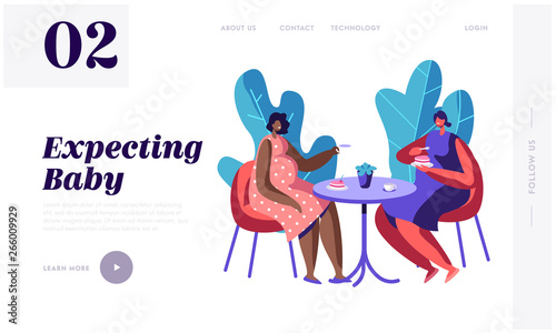 Happy Pregnant Women Spend Time Together Visiting Cafe for Cup of Tea and Chat, Meeting Friends. Healthy Pregnancy Lifestyle. Website Landing Page, Web Page. Cartoon Flat Vector Illustration, Banner