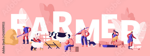 People Doing Farming Job Concept. Farmer Characters Feeding Domestic Animals, Milking Cow, Shearing Sheep, Prepare Hay for Livestock. Poster, Banner, Flyer, Brochure. Cartoon Flat Vector Illustration