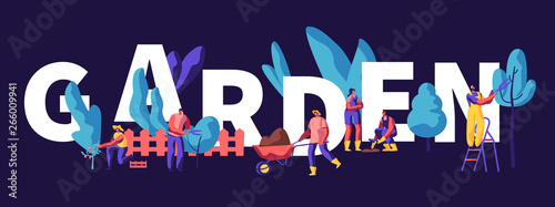 Male and Female Characters Growing, Planting and Caring of Trees in Garden Concept. Gardening People Put Sprout on Soil, Cut Branches. Poster, Banner, Flyer, Brochure. Cartoon Flat Vector Illustration