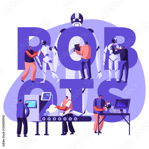 Robotics Hardware and Software Engineering in Laboratory with Hi-Tech Equipment Concept. Engineers Making and Programming Robots, Ai Poster, Banner, Flyer, Brochure. Cartoon Flat Vector Illustration