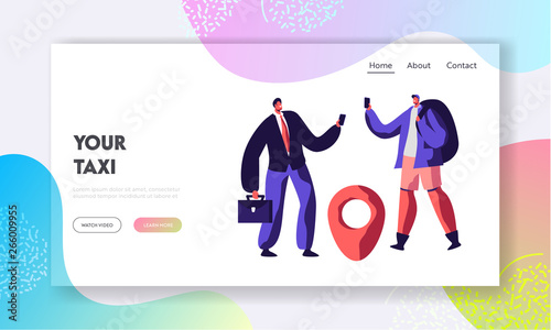 Couple of Men Calling for Ordering Taxi. Male Customer Characters Using Application to Order Car with Driver. Taxi Service Website Landing Page, Web Page. Cartoon Flat Vector Illustration, Banner