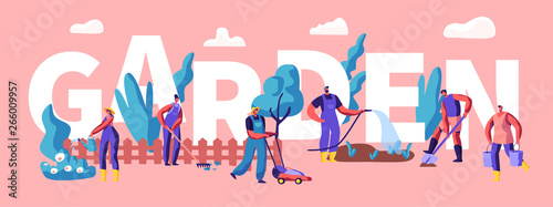 Male and Female Characters Growing and Caring of Plants in Garden Concept. Gardening People Watering, Planting, Raking. Seasonal Work Poster, Banner, Flyer, Brochure. Cartoon Flat Vector Illustration