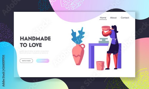 Girl Artist Decorating Ceramics at Pottery Workshop Website Landing Page. Handcrafted Pottery Master Class. Woman with Pot, Earthenware, Crockery. Web Page. Cartoon Flat Vector Illustration, Banner