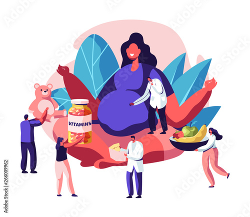 Huge Pregnant Woman with Big Belly Sitting in Lotus Pose Surrounded with Doctors Giving her Vitamines, Baby Toys, Healthy Nutrition. Female Character Happy Pregnancy, Cartoon Flat Vector Illustration