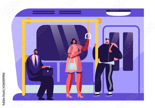 People or City Dwellers in Metro, Subway, Tube or Underground Train. Men and Women Passengers in Public Transport. Male and Female Characters Using Rapid Transit Cartoon Flat Vector Illustration