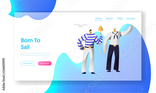 Young Handsome Sailors at Work Website Landing Page, Ship Crew, Male Characters in Uniform and Stripped Vests, Maritime Profession, Job Occupation Web Page. Cartoon Flat Vector Illustration, Banner