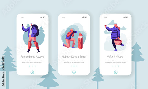 Outdoors Activity Leisure at Nature Concept. Sparetime in Forest, Hiking, Photography, Pick Up Mushrooms. Mobile App Page Onboard Screen Set for Website or Web Page, Cartoon Flat Vector Illustration