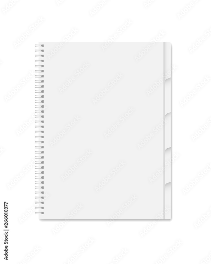 Vector realistic closed spiral notebook isolated. Vertical blank copybook, organizer or diary with tab divider pages on white background. Simple mock up for your design. Vector realistic closed spiral notebook isolated. Vertical blank copybook, organizer or diary with tab divider pages on white background. Simple mock up for your design.