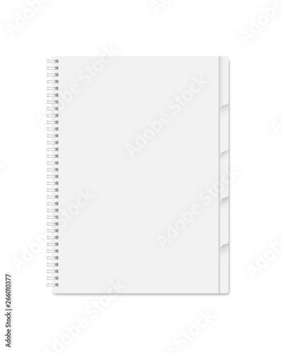 Vector realistic closed spiral notebook isolated. Vertical blank copybook, organizer or diary with tab divider pages on white background. Simple mock up for your design.