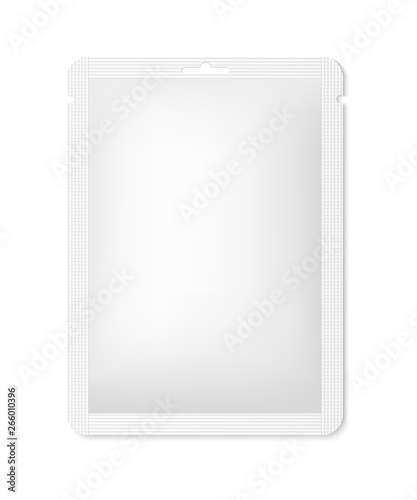 White package sachet for cosmetic mask. Vector realistic mock up isolated on white background.