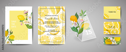 Set of Botanical wedding invitation card, vintage Save the Date, template design of lemons fruit flowers and leaves, blossom illustration. Vector trendy cover, graphic poster, brochure