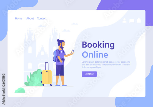 Young people with mobile, bag and baggage. Travel and tourism concept for website template, online booking