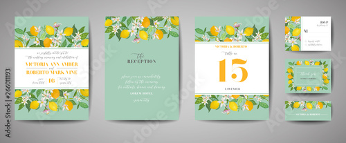 Set of Botanical wedding invitation card, vintage Save the Date, template design of lemons fruit flowers and leaves, blossom illustration. Vector trendy cover, graphic poster, brochure